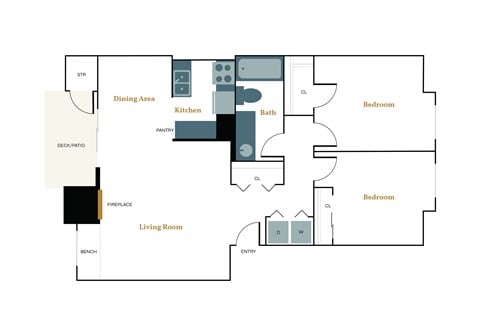 Floor plan for 2 beds, 1 bath, 808 sqft
